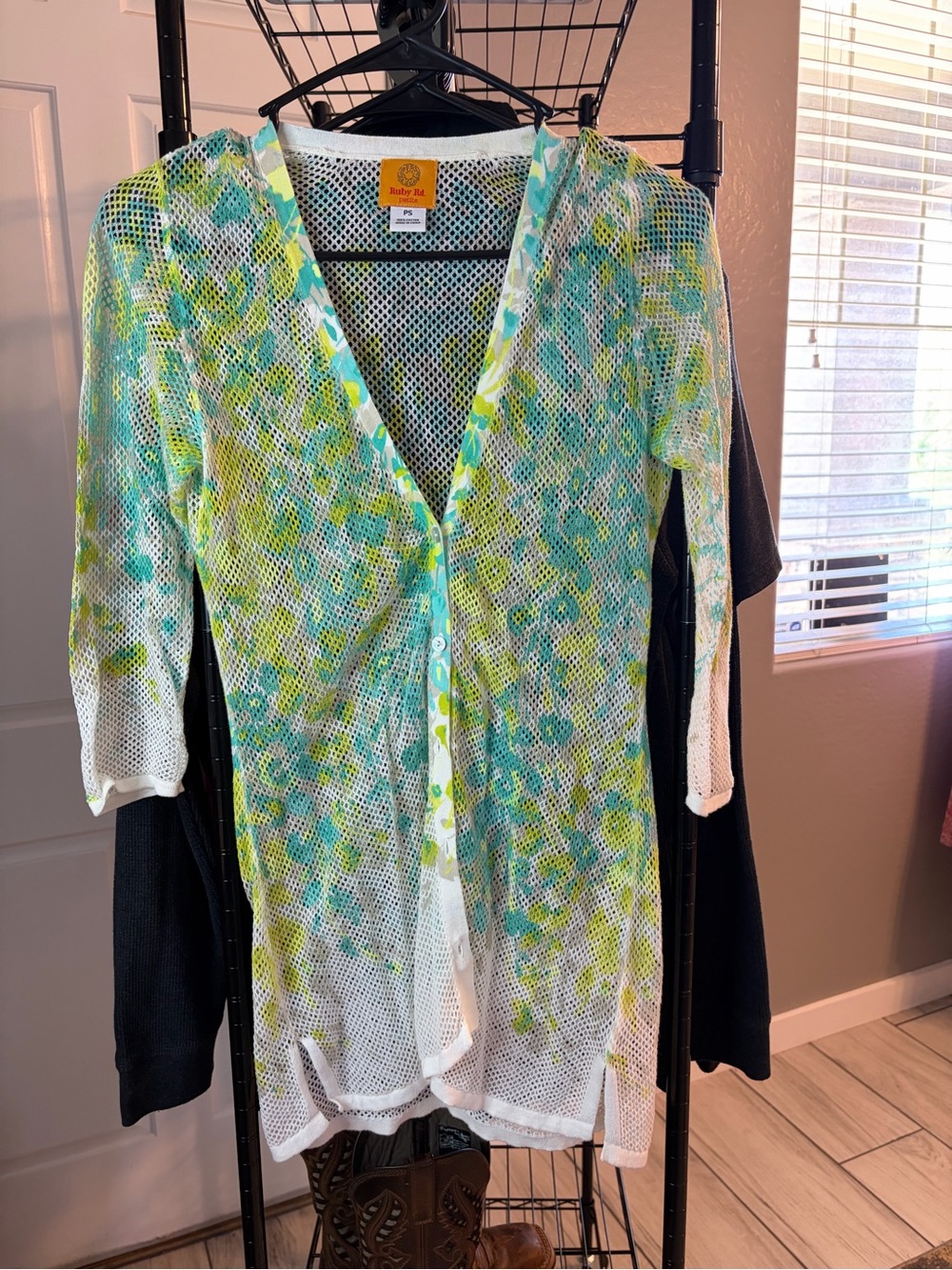 Ruby Rd. White Mesh Button-Down Top with Green & Blue Print